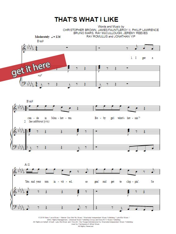 bruno mars, that's what i like, sheet music, piano notes, chords, composition, transpose, keyboard, guitar, akkorden, klavier noten