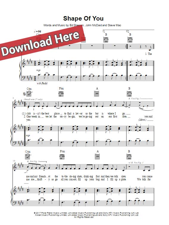 ed sheeran, shape of you, sheet music, piano notes, chords, tutorial, lesson, how to play, learn, guide, pdf, download, klavier noten, akkorden, transpose, partition, composition