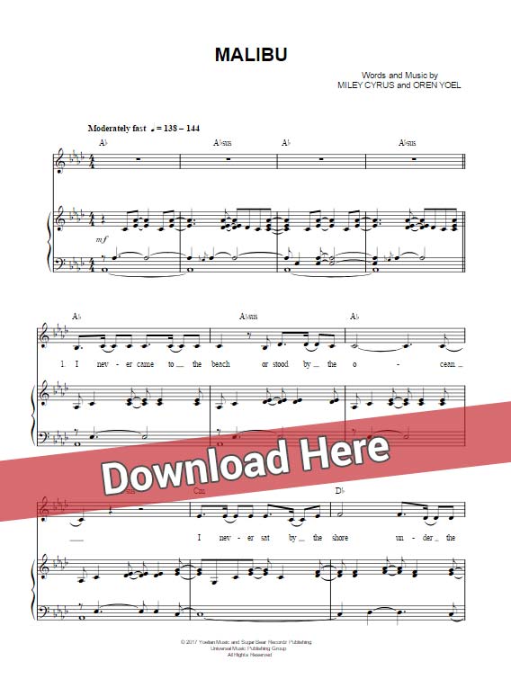 miley cyrus, malibu, sheet music, piano notes, chords, download, pdf, klavier noten, keyboard, guitar, vocals, free, tutorial, transpose, composition