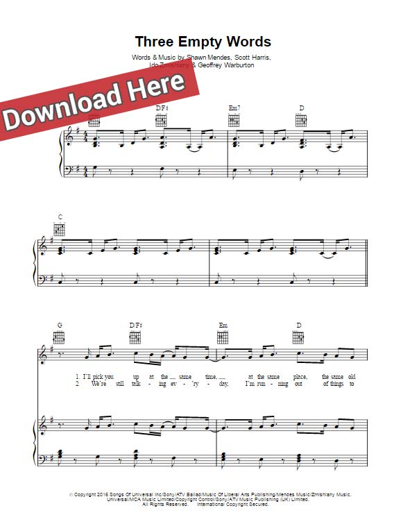 shawn mendes, three empty words, sheet music, piano notes, chords, keyboard, guitar, download, pdf, klavier noten