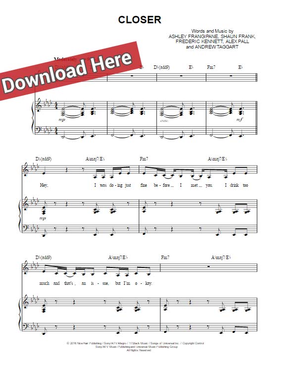 the chainsmokers, closer, sheet music, piano notes, chords, download, pdf, keyboard, guitar, voice, vocals, klavier noten