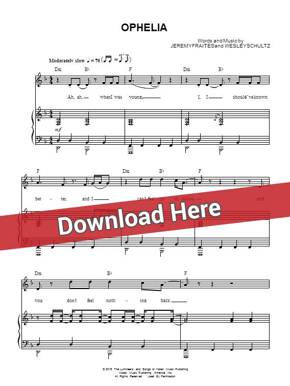 the lumineers, ophelia, sheet music, piano notes, chords, score, keyboard, guitar, tabs, klavier noten, partition, tutorial, lesson, how to, learn